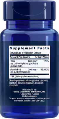 Life Extension BioActive Folate & Vitamin B12 90 vcaps, біоактивні форми фолату та вітаміну В12