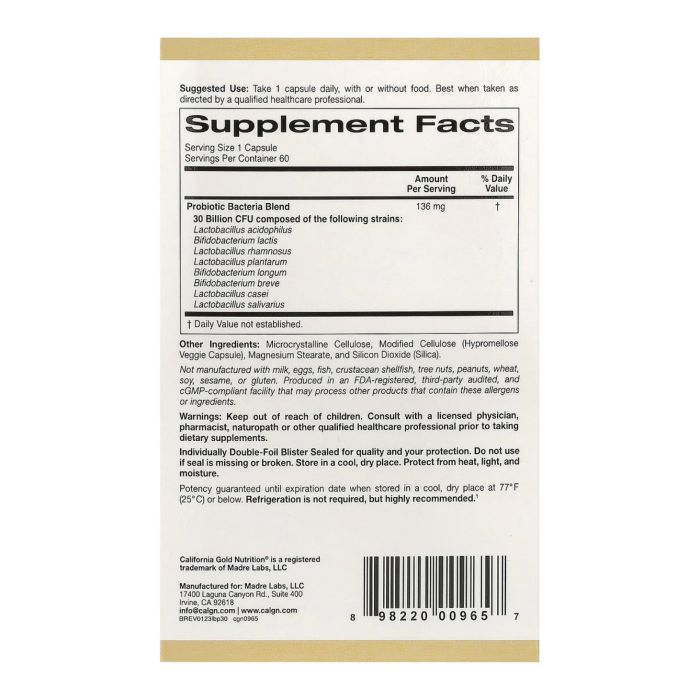 California Gold Nutrition LactoBif 30 Probiotics - 60 veg caps пробіотики з лакто та біфідобактеріями