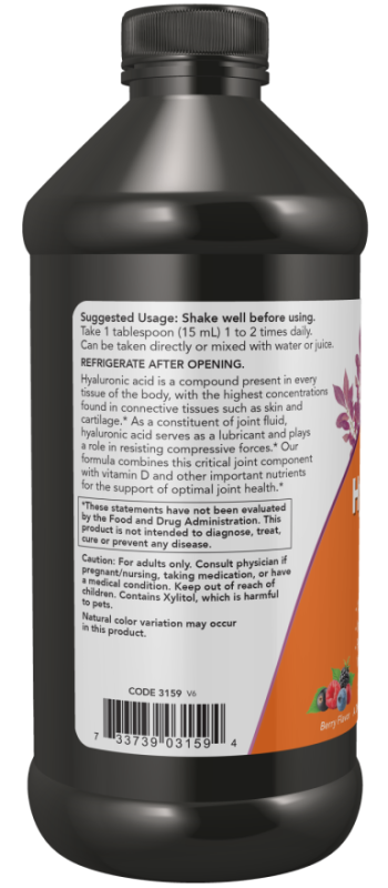 NOW Foods Liquid Hyaluronic Acid 100 mg 473 ml berry, рідка гіалуронова кислота зі смаком ягід