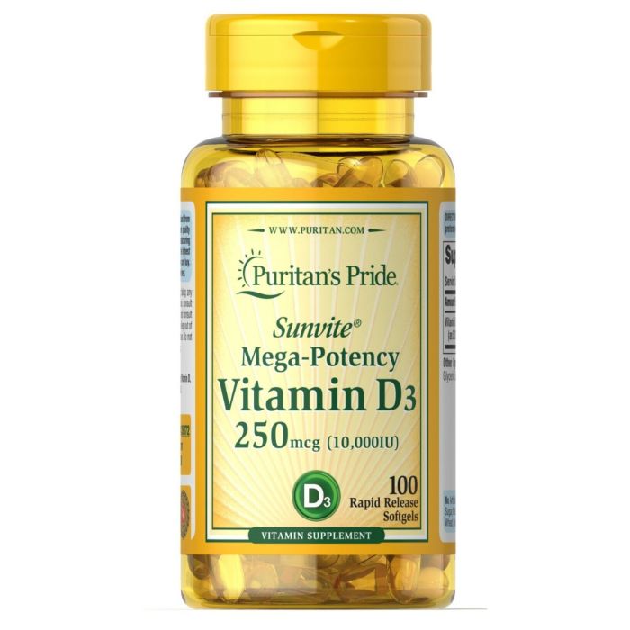 Puritans Pride Vitamin D3 250 mcg (10000 IU) 100 softgels витамин Д3