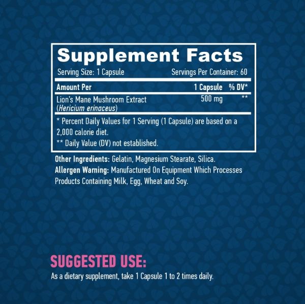 Haya Labs Lion's Mane Mushroom 500 мг - 60 капс, екстракт гриба Левова грива для мозку та нервової системи